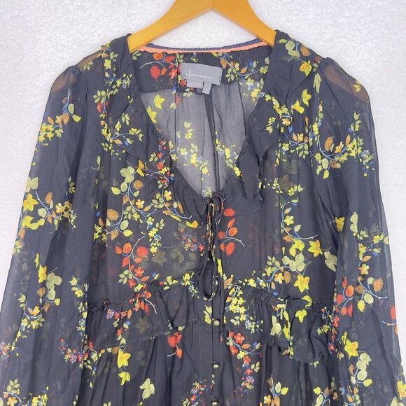 Anthropologie Jamison Tunic Top Small Black Floral Ruffle Semi Sheer Boho - Picture 2 of 12